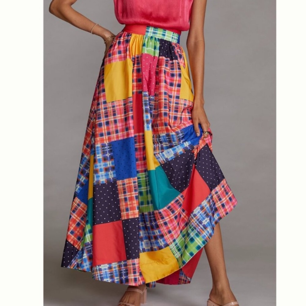 Anthropologie Colorblock Patchwork Maxi Skirt in Red, Yellow, Blue, Green, Navy